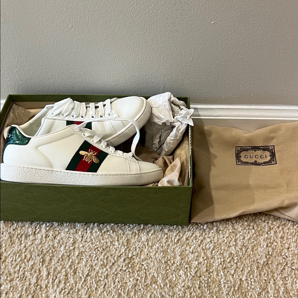 Gucci Leather Sneakers with Green and Red Accents